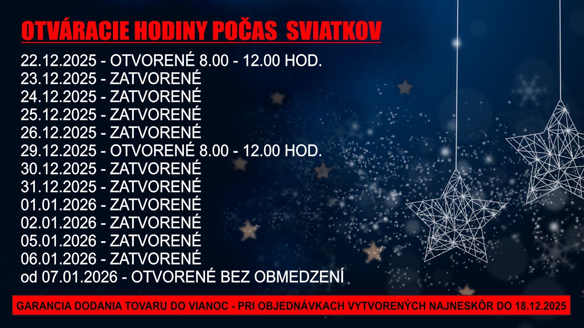 Otvracie hodiny sviatky 2025/2026