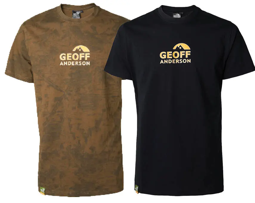 Pohodlné letné rybárske tričká Geoff Anderson Logo vo farbe listová hnedá Leaf a čiernej Black