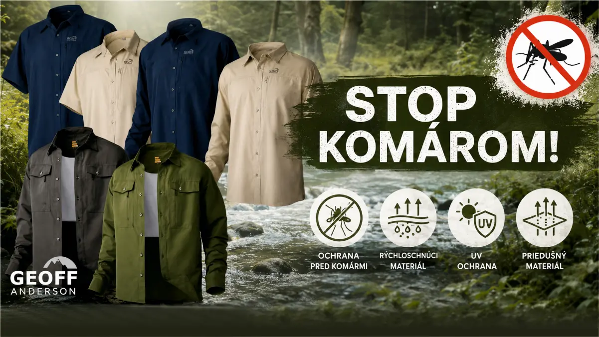 Predajný banner Geoff Anderson Stop komárom s prehľadom letných košieľ Ezmar a ich výhodami ako UV ochrana, rýchloschnúci a priedušný materiál