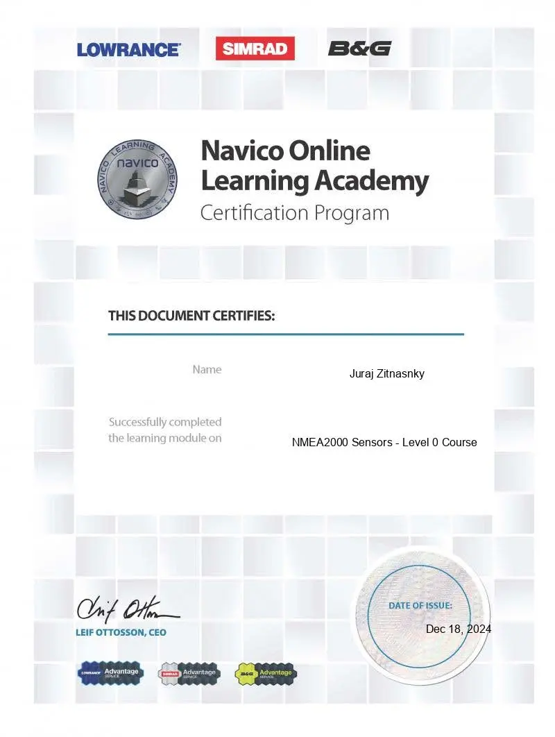 Certifik�cia B&G Sailing Instruments Navico Group - Juraj �itnansk�