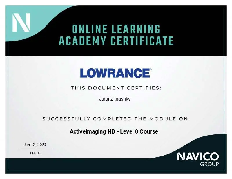 Certifik�cia Lowrance Online Learning Academy Certificate