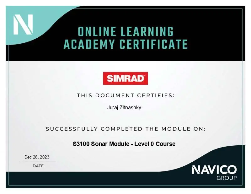 Certifik�cia Simrad S3100 Sonar Module Level 0 Course - Juraj �itnansk�