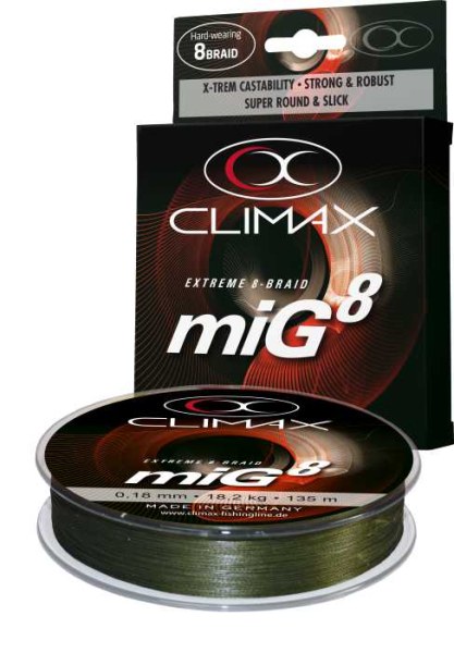 Climax šnúra 135m - miG 8 Braid Olive SB 135m 0,18mm / 18,2kg